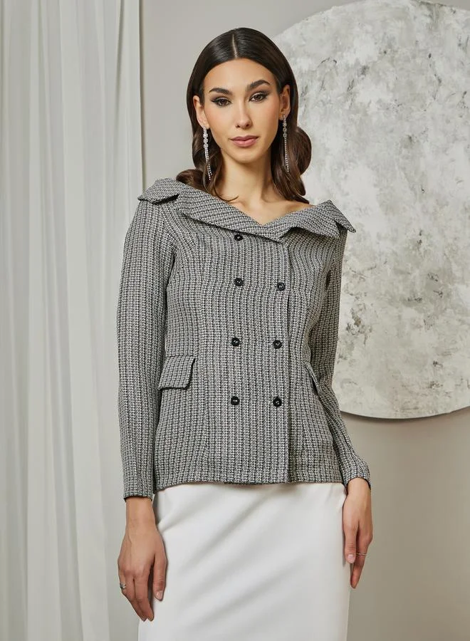 Styli Tweed Houndstooth Off-Shoulder Blazer