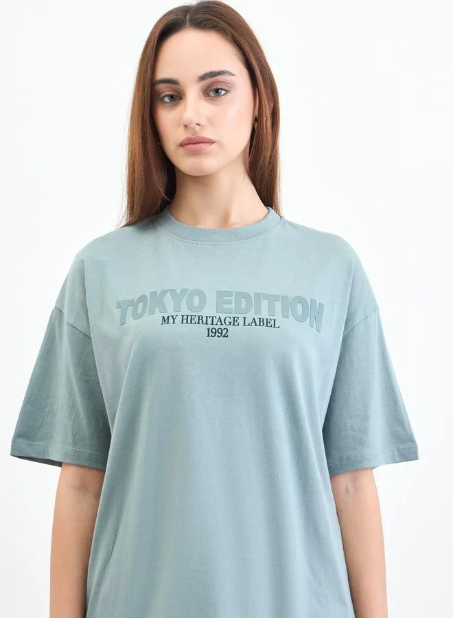 Oversized Slogan Print T-Shirt Green