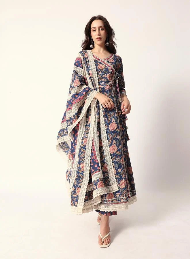 Women's Textured Cotton Kurta Palazzo Set Blue