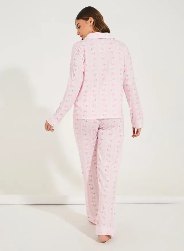 Linear Bow Print Long Sleeve Pyjama Set Pale Pink – image 6