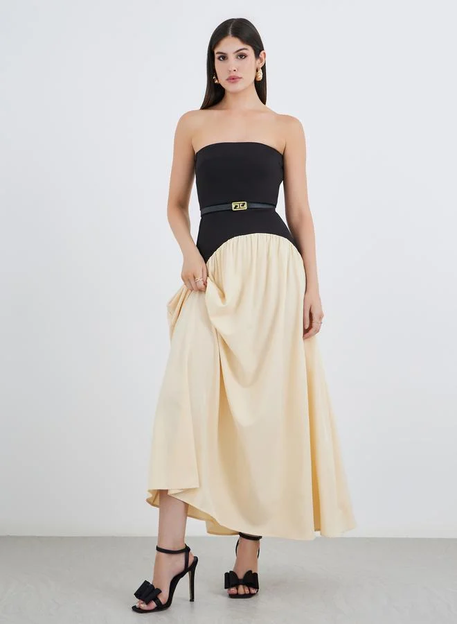 Color Block Strapless Belted Maxi Dress Cream
