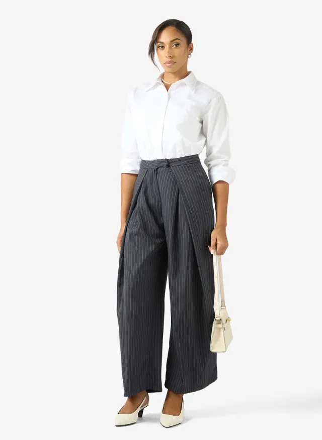 Black Pinstripe Trousers with Front Pleat - Full Length – image 2