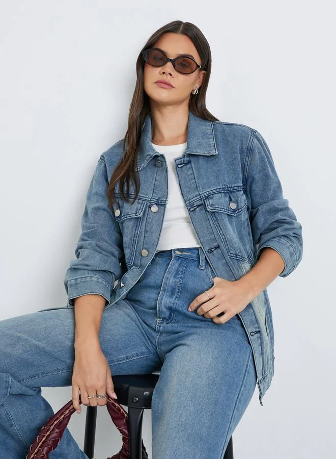 Styli Women's Oversized Faded Denim Jacket Medium Blue