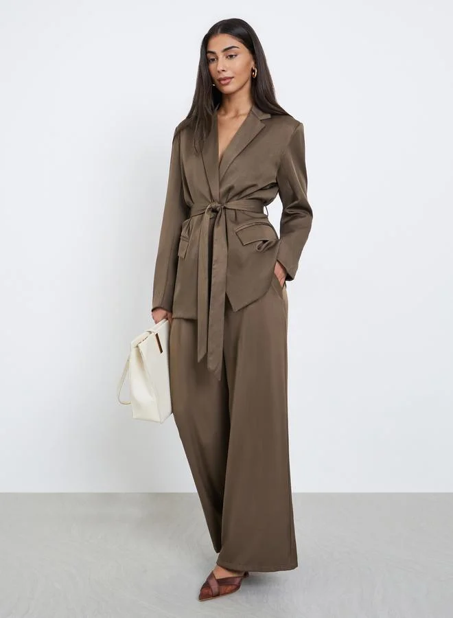 Mid Rise Wide Leg Pleated Pants Brown