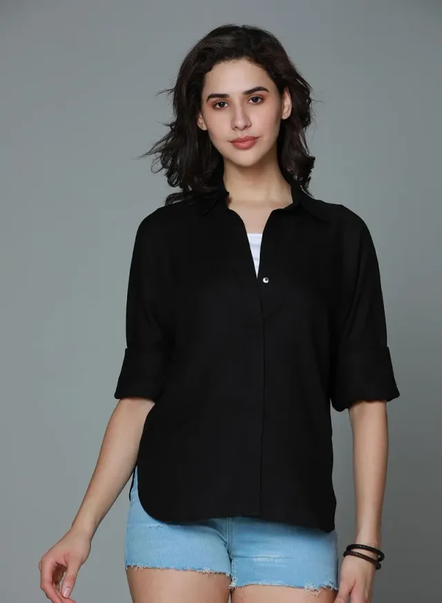 Women's Relaxed Rayon Button Down Shirt Black – image 5