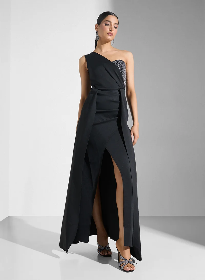 One Shoulder Slit Dress Black