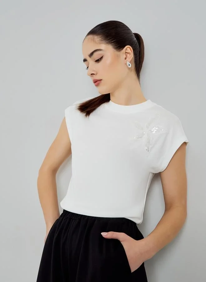 Floral Embellished Short Sleeve T-Shirt White