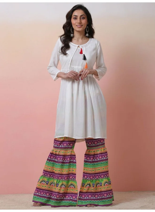 A-line Kurta with Multicolor Sharara White