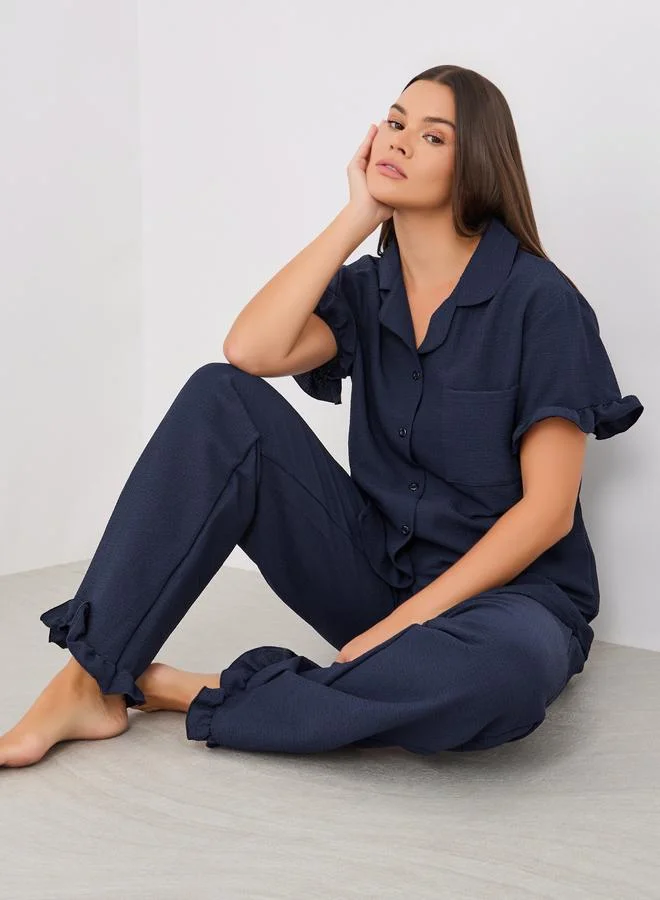 Waffle Ruffle Shirt and Pyjama Set Deep Blue