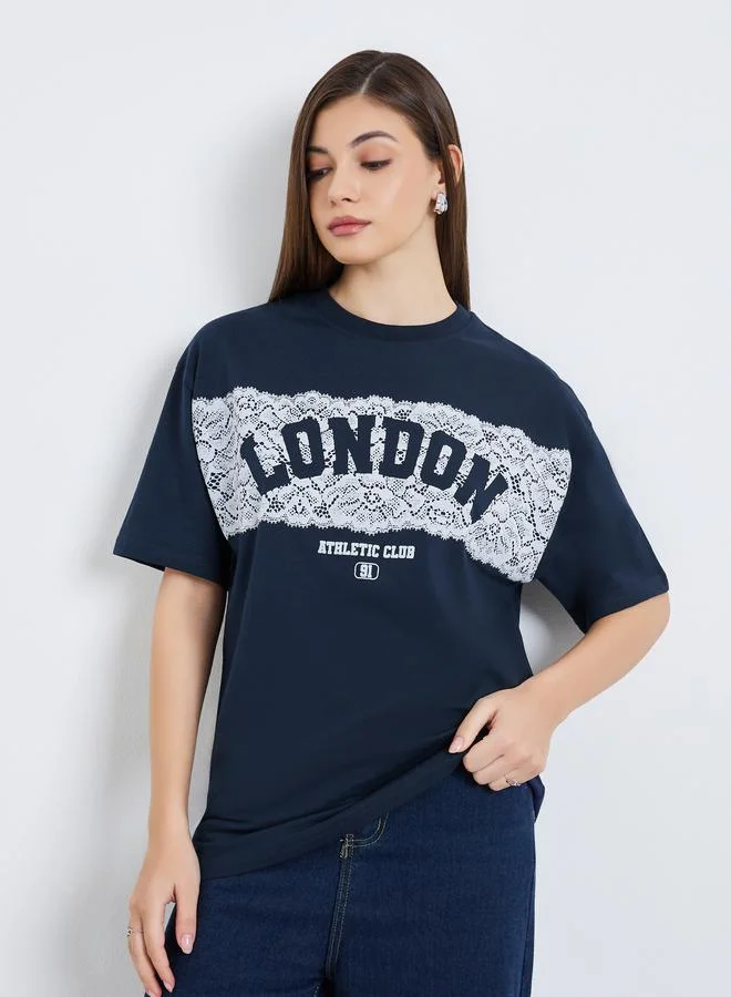 Women's London Slogan Oversized T-Shirt Navy Blue