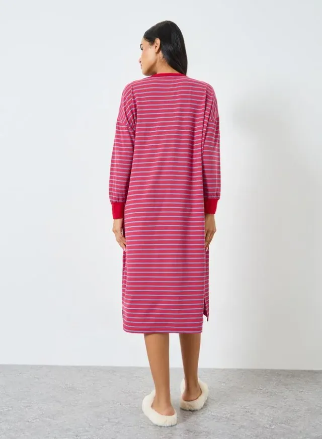 Striped Flower Applique Long Sleeve Sleep Dress – image 5