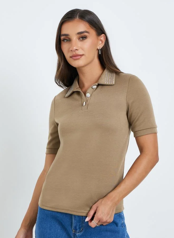 Embellished Collar Polo T-Shirt Brown