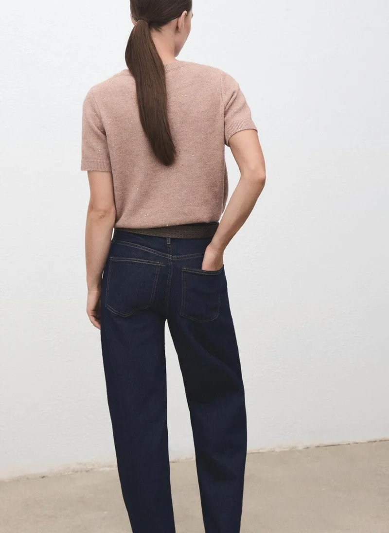Short-Sleeved Lurex Sweater Light Beige