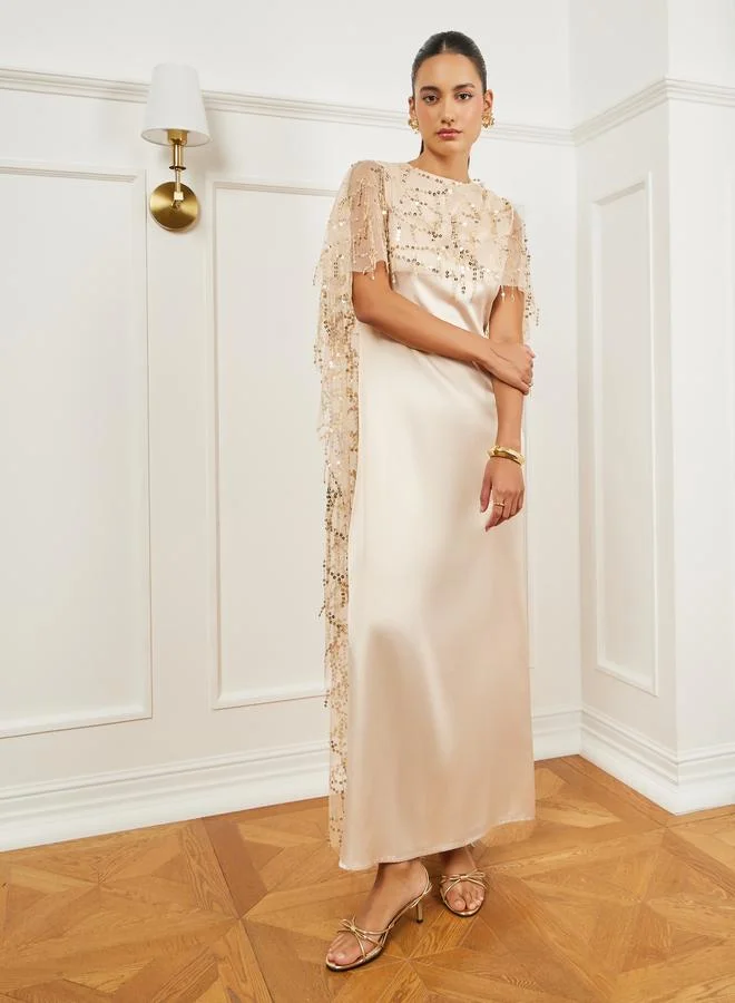 Gold Embellished Cape Maxi Dress Beige