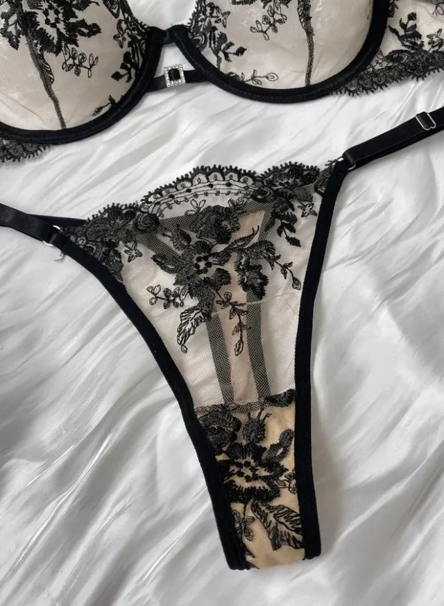 Floral Embroidered Mesh Bra & Thong Set Black – image 5
