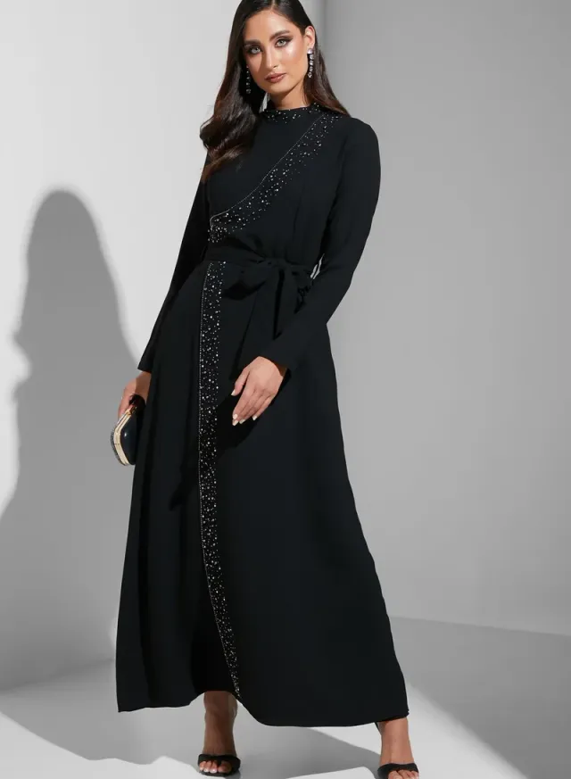 Black Maxi Fit & Flare Dress with Long Sleeves and Self-Tie Belt – image 4