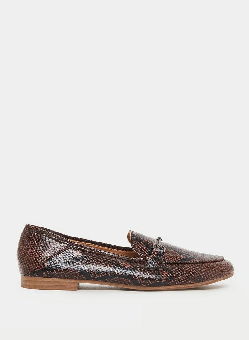 Snake Print Flat Loafers Brown