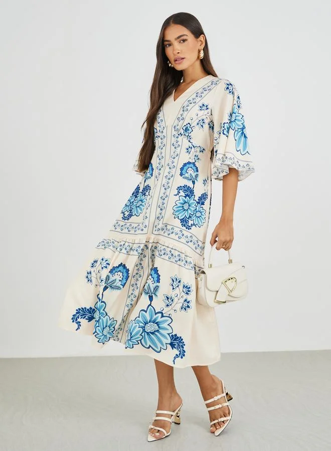 Floral Chiffon Midi Dress Beige