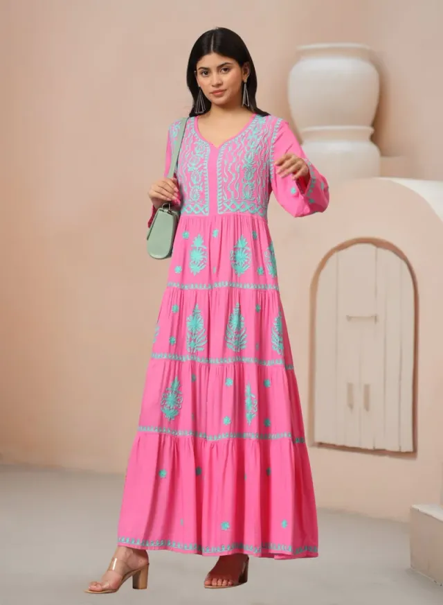 Turquoise Cotton Embroidered Jalabiya for Women - Plus Size – image 6