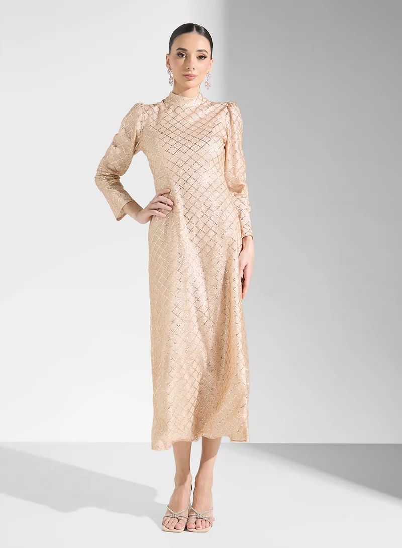 Sequin Mockneck Dress Beige