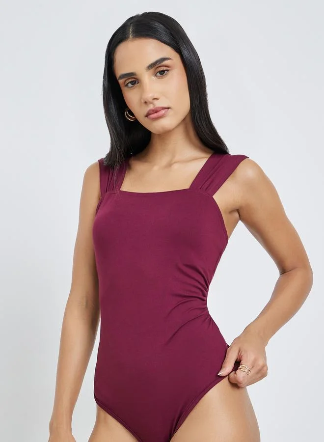 Styli Women Square Neck Bodysuit Burgundy