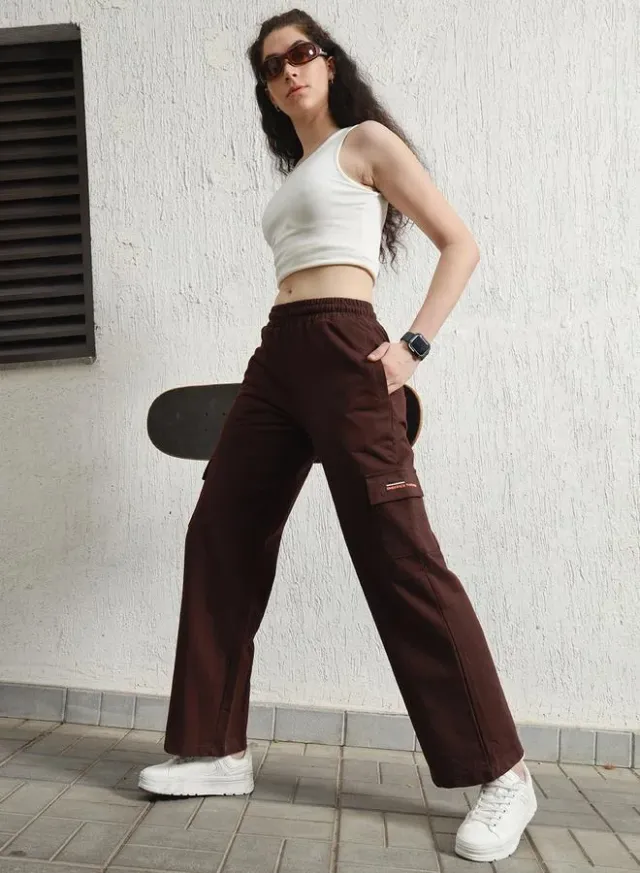 Women's Cotton Blend Printed Cargo Regular Fit Trouser brown