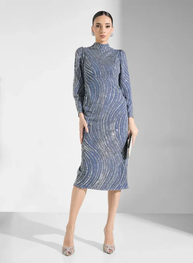 Denim Blue Sequin Embellished Bodycon Midi Dress – image 4