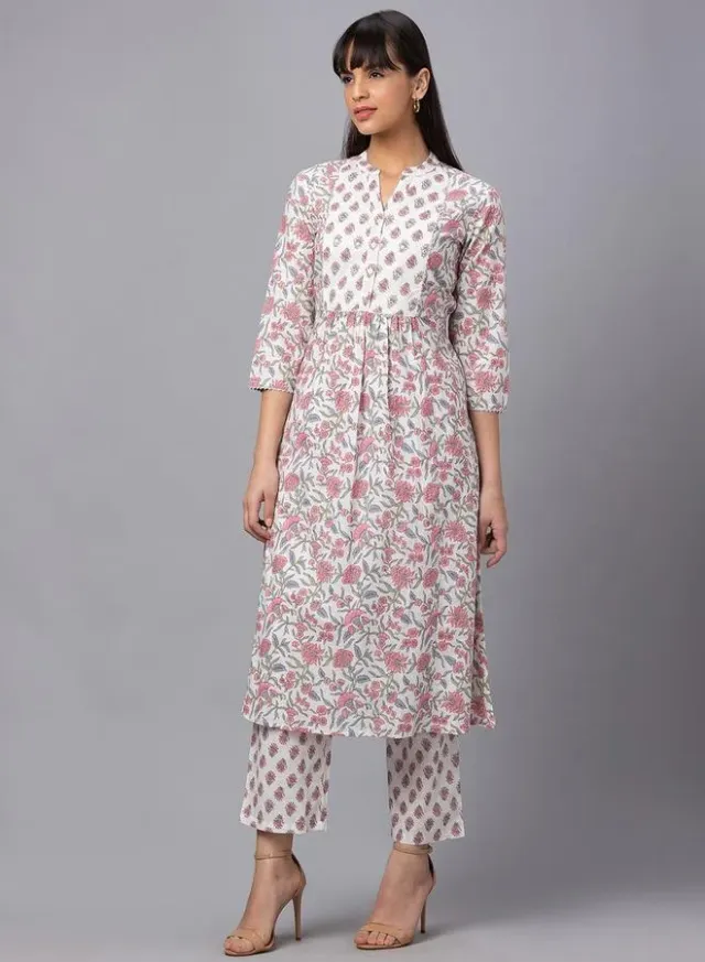 Floral Print Mandarin Collar Kurta with Trousers Set for Women – image 4