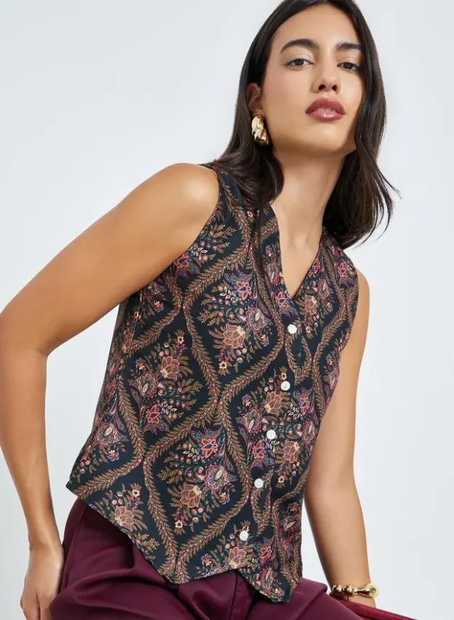Floral Print Sleeveless Waistcoat Black