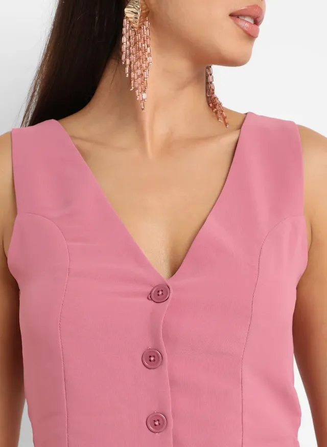 Women's Salmon Pink V-Neck Vest and Pants Co-Ord Set – image 8