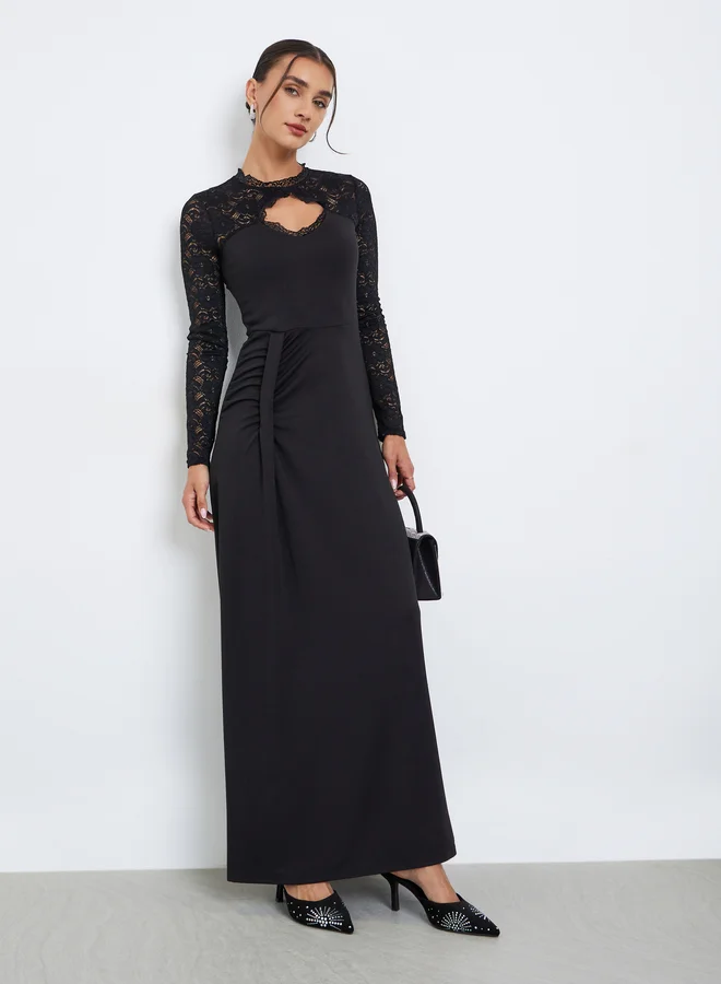 Lace Sleeve A-Line Maxi Dress Black