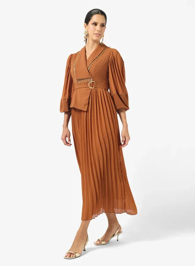 Caramel Pleated Wrap Dress with Fringed Collar (Midi Length) – image 4