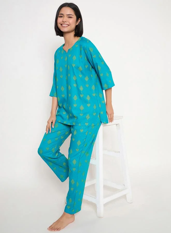 Printed Notch Neck Pyjama Set Blue