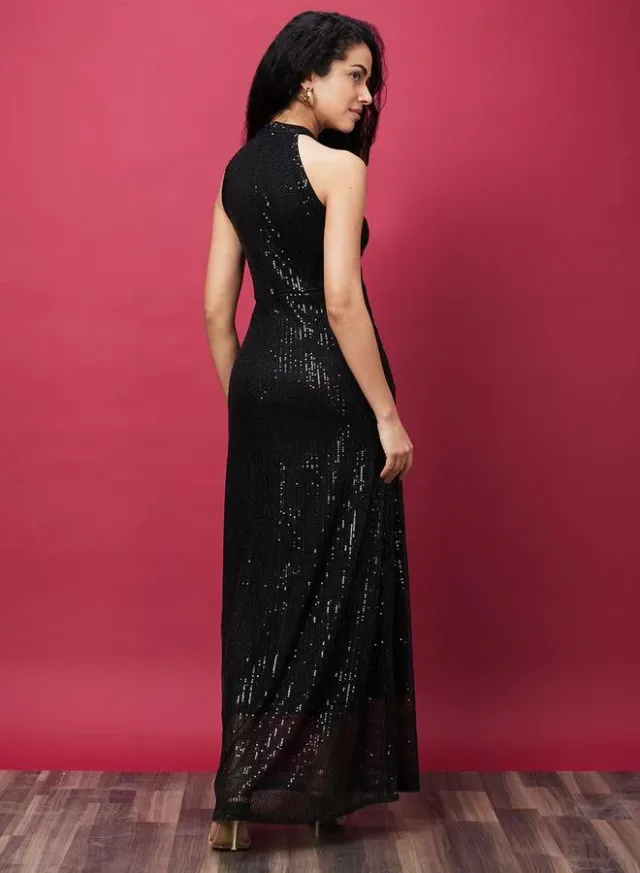 Halter Slit Sheath Maxi Dress Blue – image 3