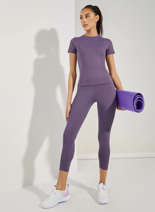 Stitch Detail Short Sleeve Top and Leggings Set Muted Purple