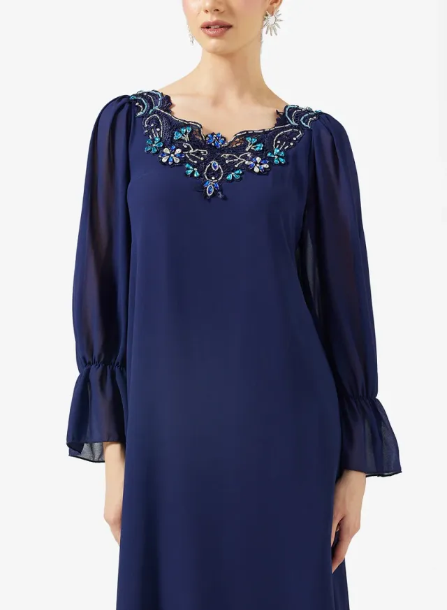 Navy Blue Maxi Dress with Round Neck, Puff Sleeves, and Embellishments – image 3