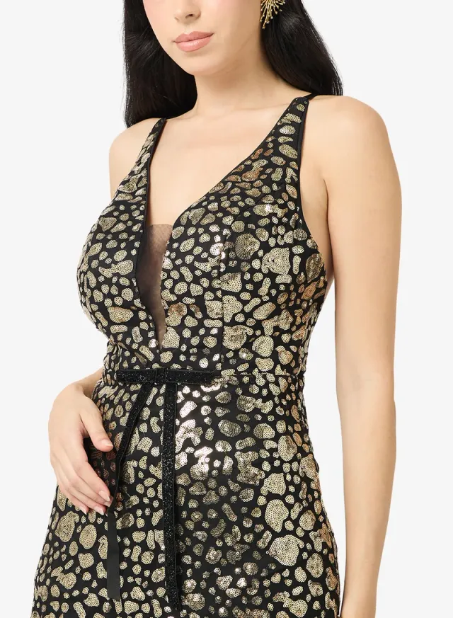 Black and Gold Maxi Fit & Flare Evening Dress with Back Tie-Up – image 3