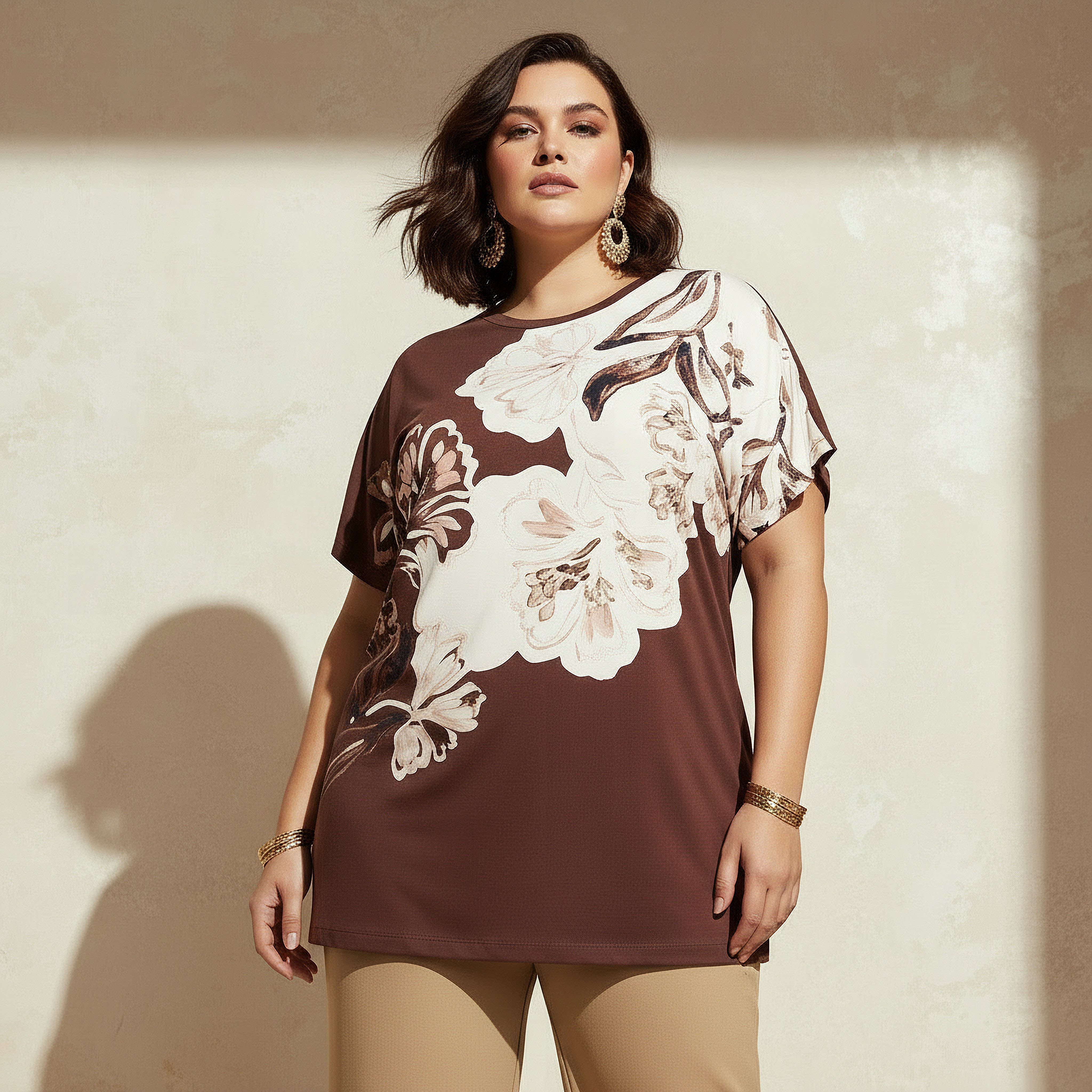 Ulla Popken Bead Embellished Relaxed T-shirt Brown