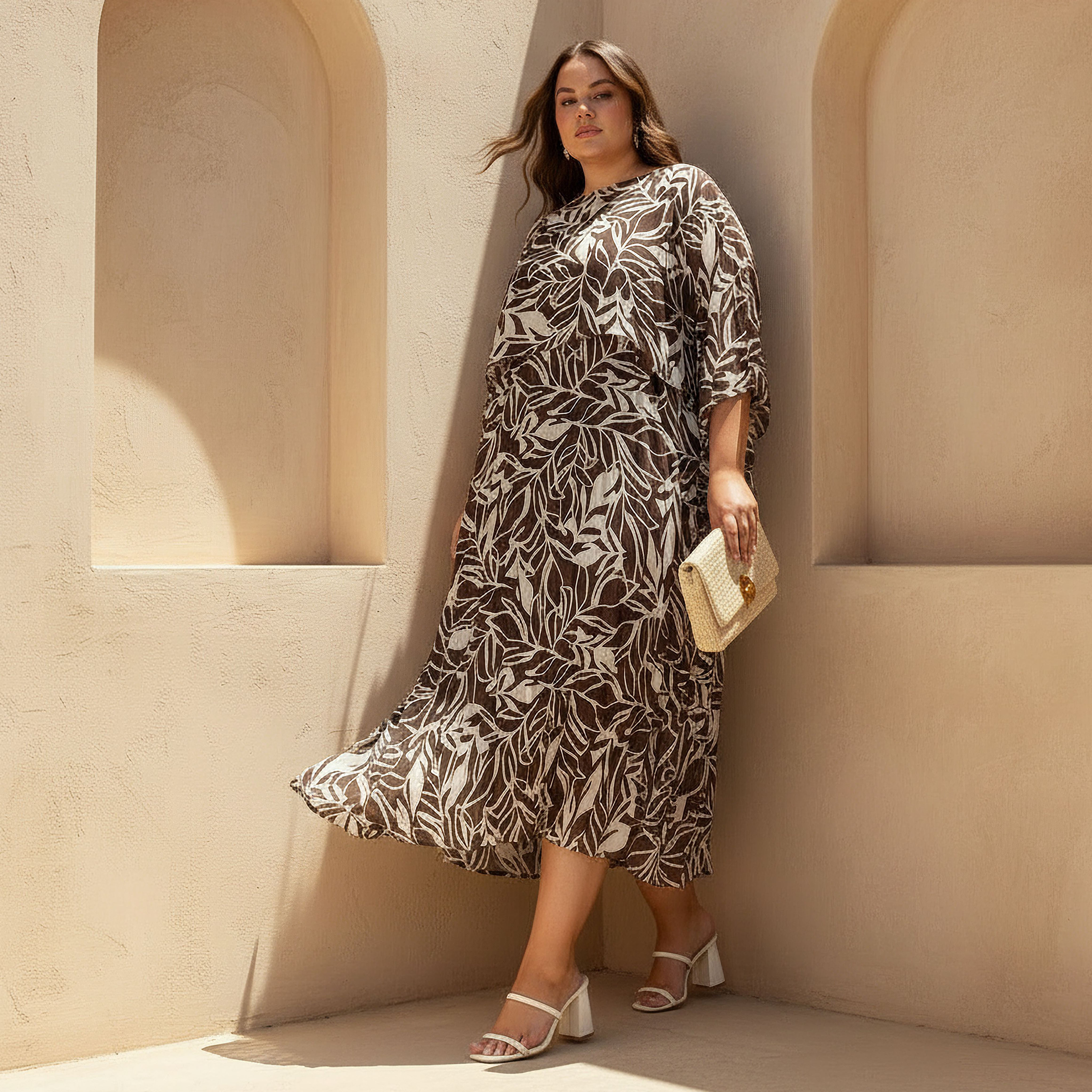 Ulla Popken Cape A-Line Maxi Dress Brown