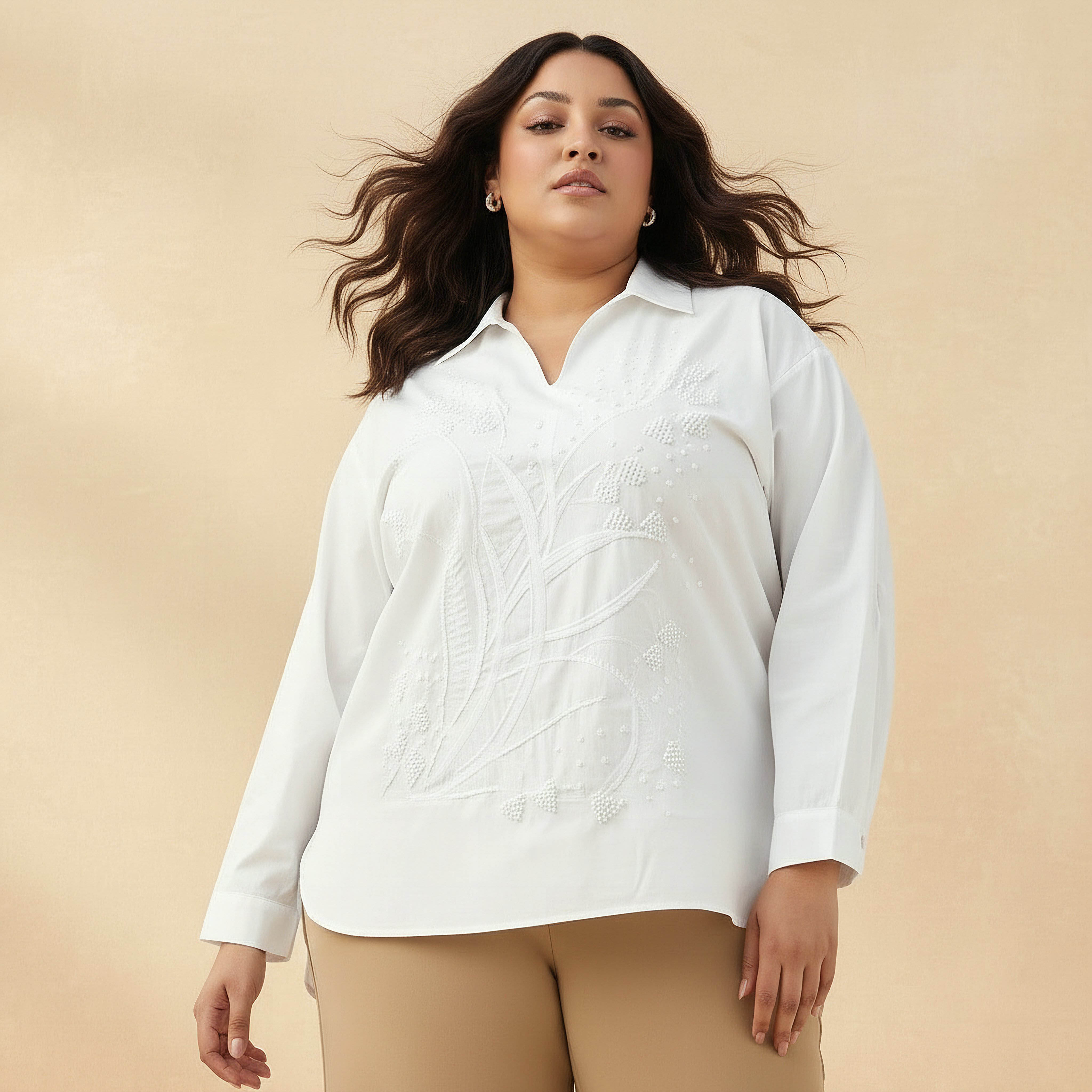 Ulla Popken Embellished Relaxed Cotton Top White