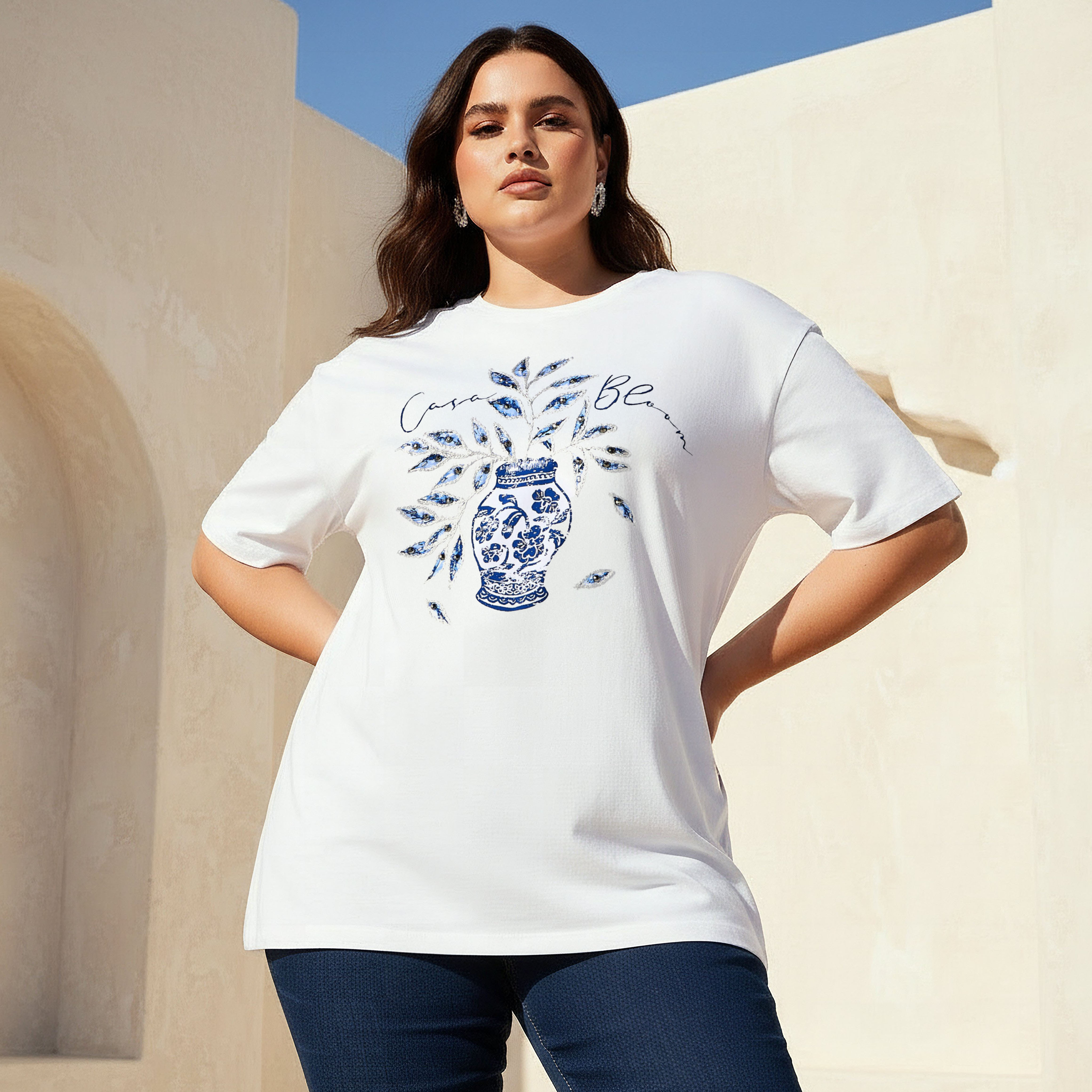 Ulla Popken Vase Print Embroidery Cotton T-Shirt White