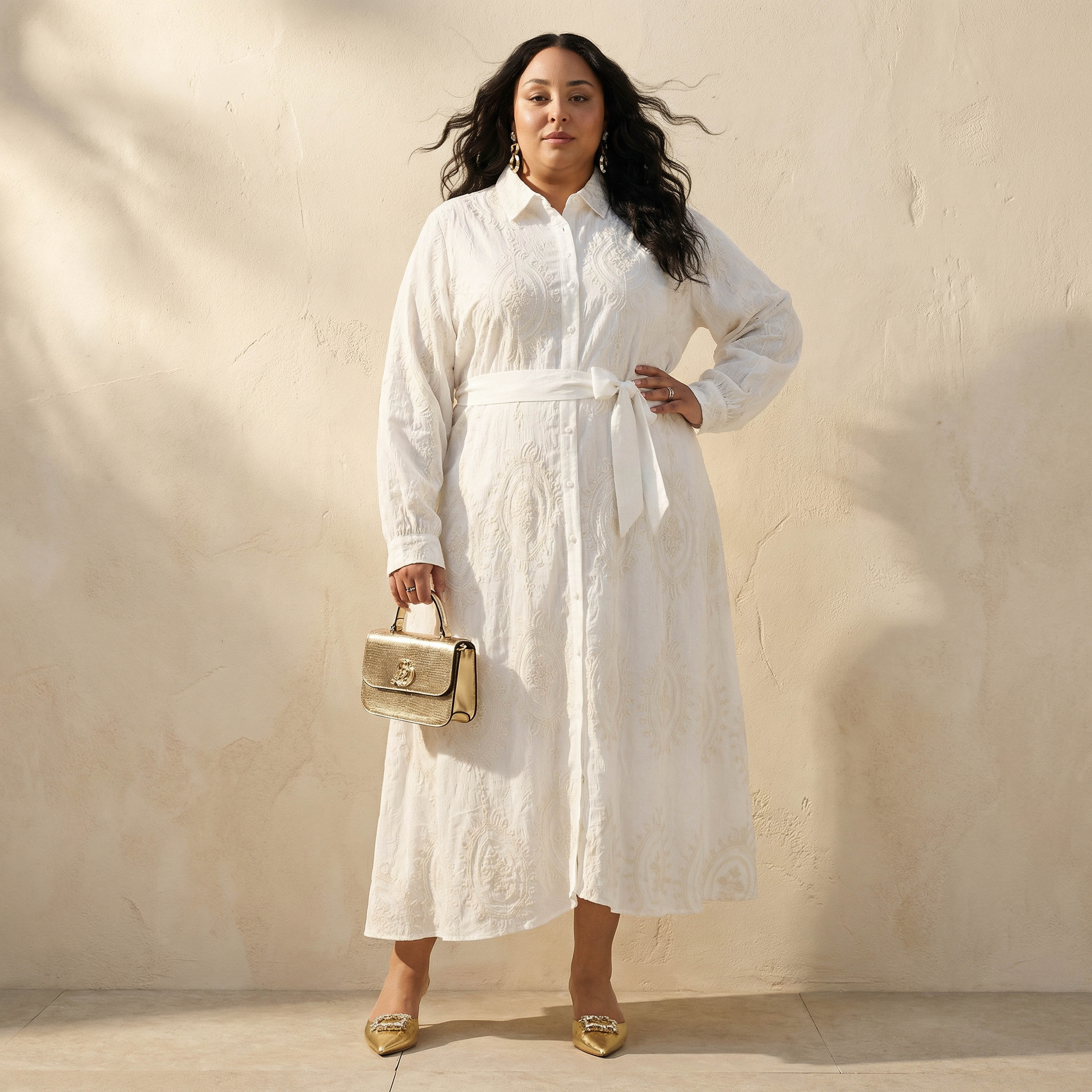 Ulla Popken Floral Embroidered Midi Shirt Dress White