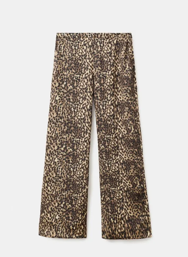 Leopard Print Satin Trousers - Marron - Mid-Rise - Side Zip - 100% Polyester – image 5