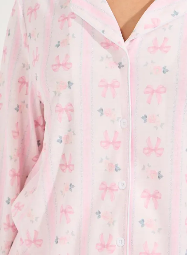 Linear Bow Print Long Sleeve Pyjama Set Pale Pink – image 4