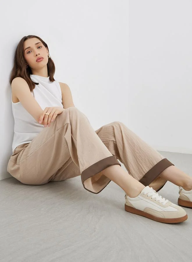 Contrast Hem Panel Pants Beige