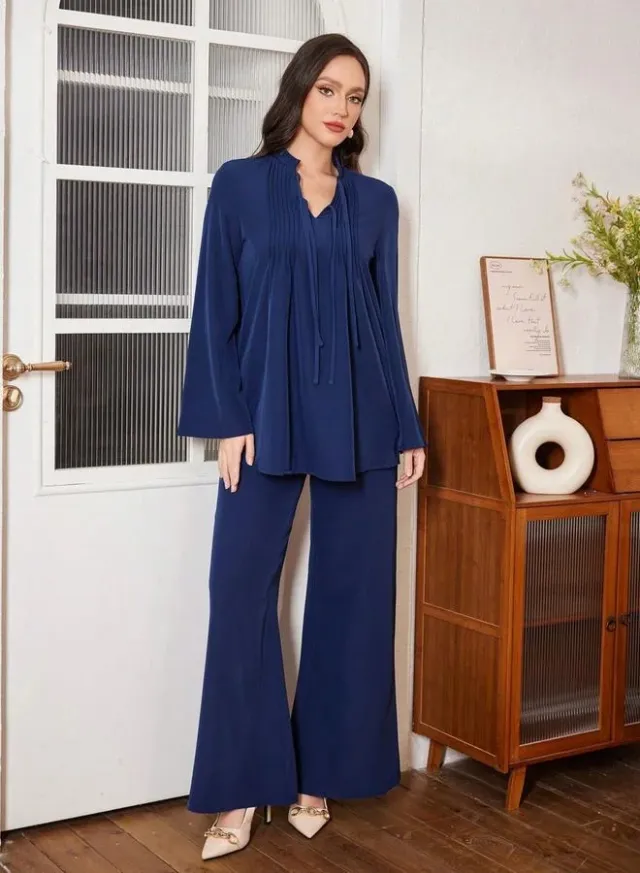 Tie-Neck Ruffle Top & Wide Leg Pants Set Navy Blue – image 3