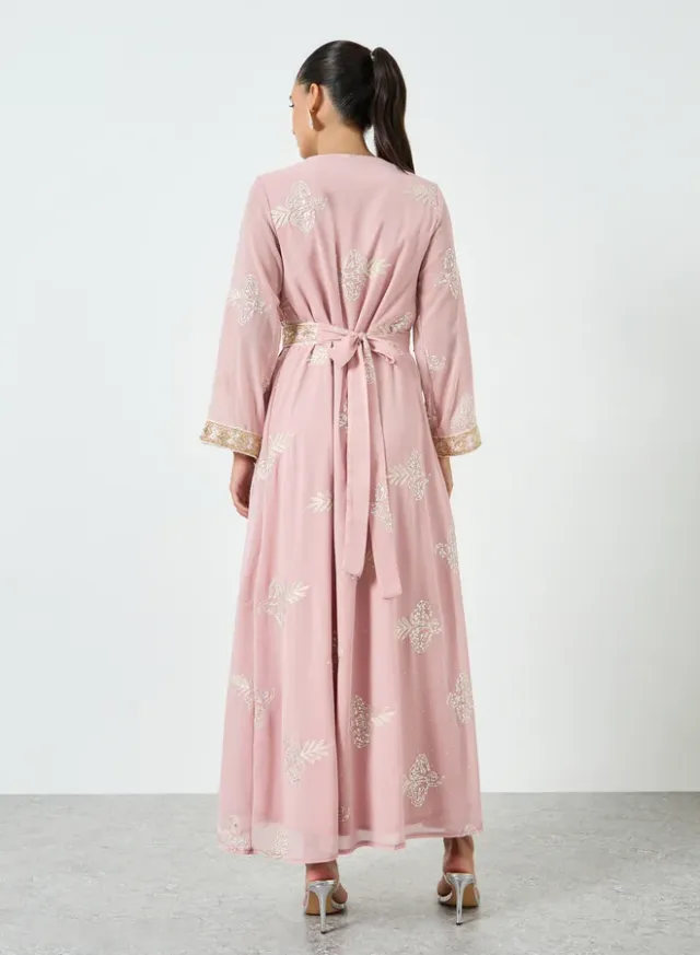 Sequin Embroidered Tie-Belt Jalabiya Pink – image 5