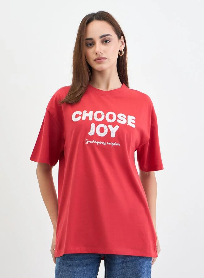 Embellished Slogan Print Oversized T-Shirt Red