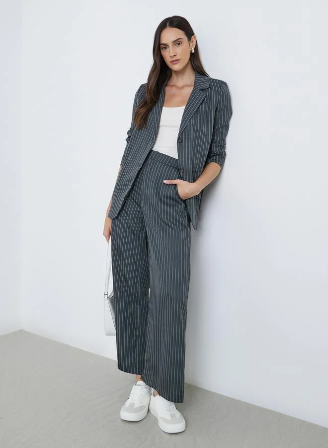 Striped Mid Rise Wide Leg Pants Grey