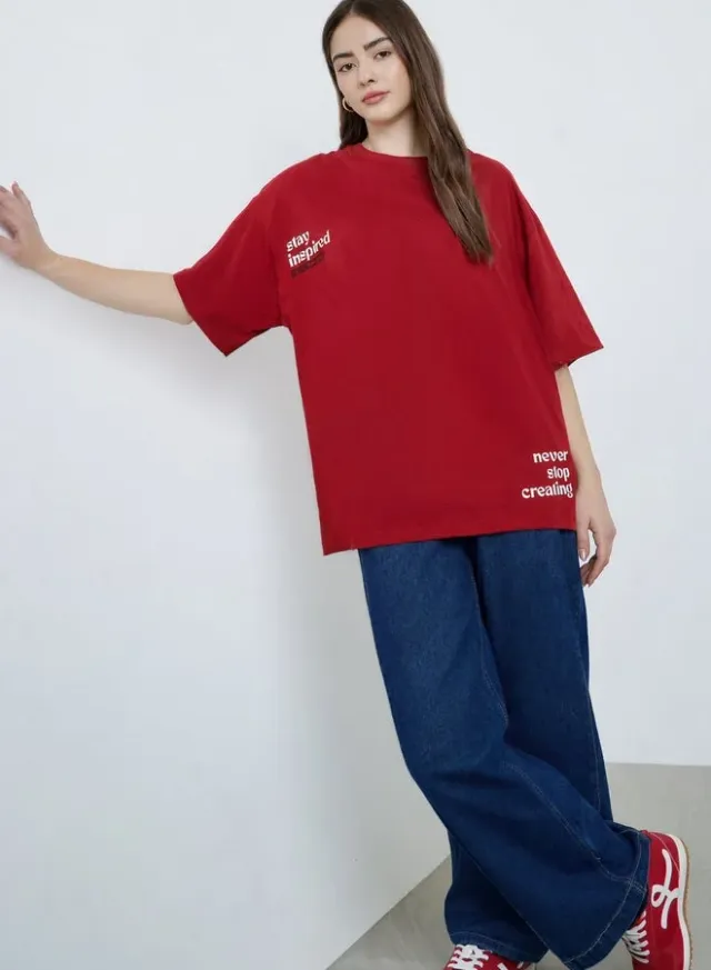 Slogan Oversized T-Shirt Red – image 2